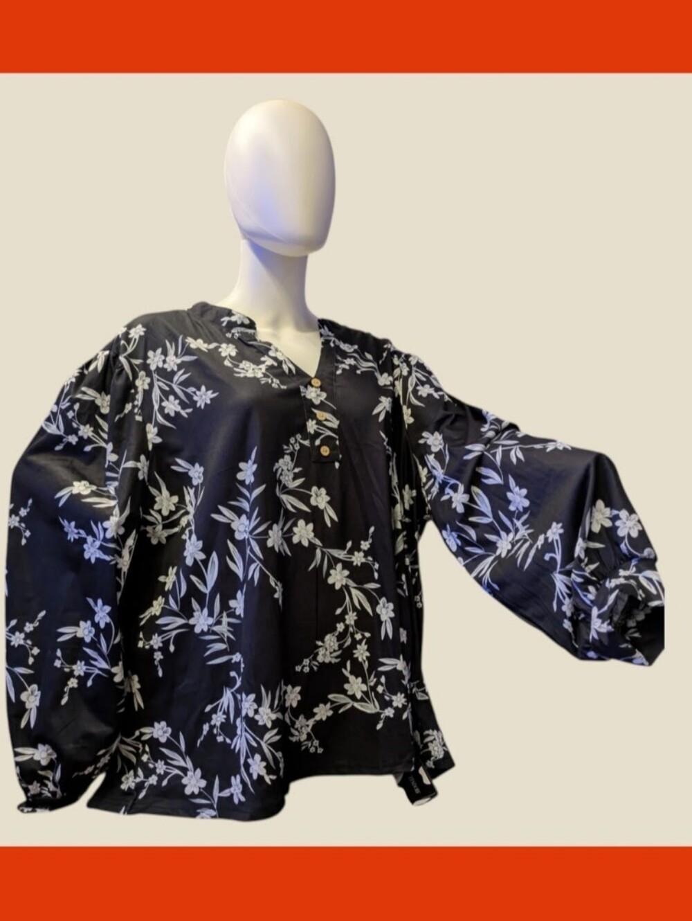 Black Floral Button-Front Balloon Sleeve Top